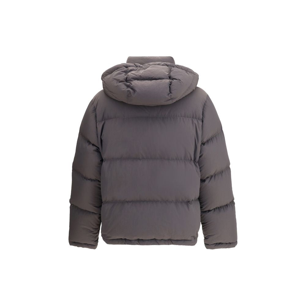 Gray puffer jacket with a hood on a white background